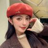 Spring and Autumn Hat Women's Metal Label Solid Color Beret Big Head Circumference Show Face Small Literary Artist Hat