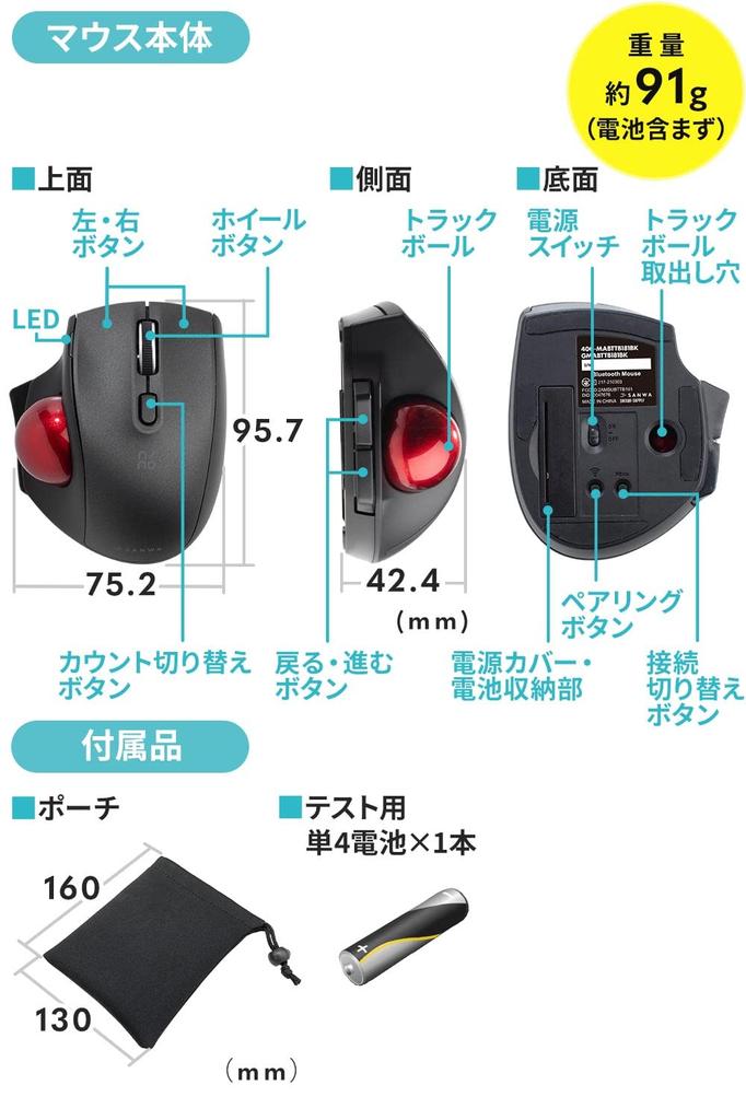 Sanwa Direct Трекбол, совместимый с 5 кнопками, с черной мышью, беспроводной, маленький, тихий, Mac/Windows, (Оборудованы кнопками «Назад/Вперед»),