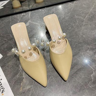 Мода 2024 года, новые женские тапочки в корейском стиле с острым носком, модные удобные тапочки на толстом каблуке с жемчугом, обувь для женщин Zapatos De Mujer