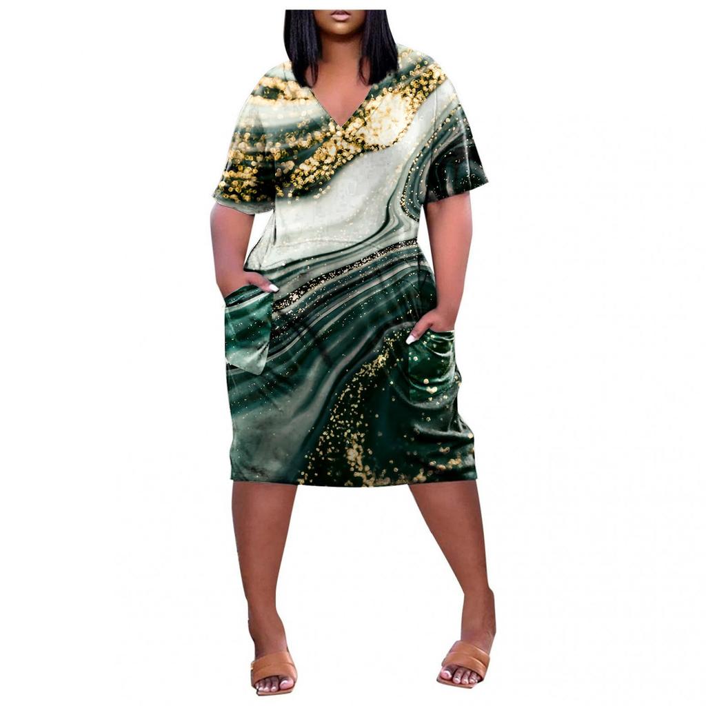 Women's Summer Plus Size V-Neck Short Sleeve Knee Pocket Printed Casual Dress