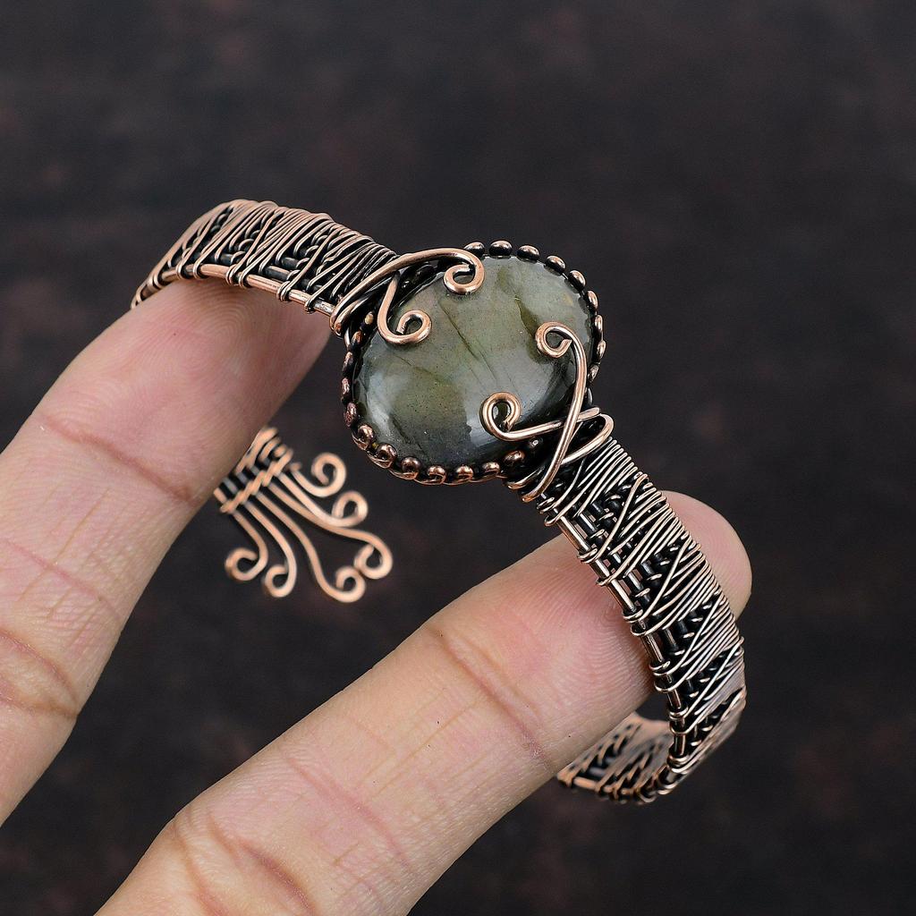 Лабрадорит Медный Браслет-манжета Проволочная обмотка Регулируемый Браслет-манжета Драгоценный Камень Браслет Ручной Работы Медная Проволока Ювелирные Изделия Подарок На Годовщину