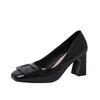 2025 New Spring New Square Head Thick Heels Women's Shallow Mouth Buckle Single Shoes Professional Shoes High Heels