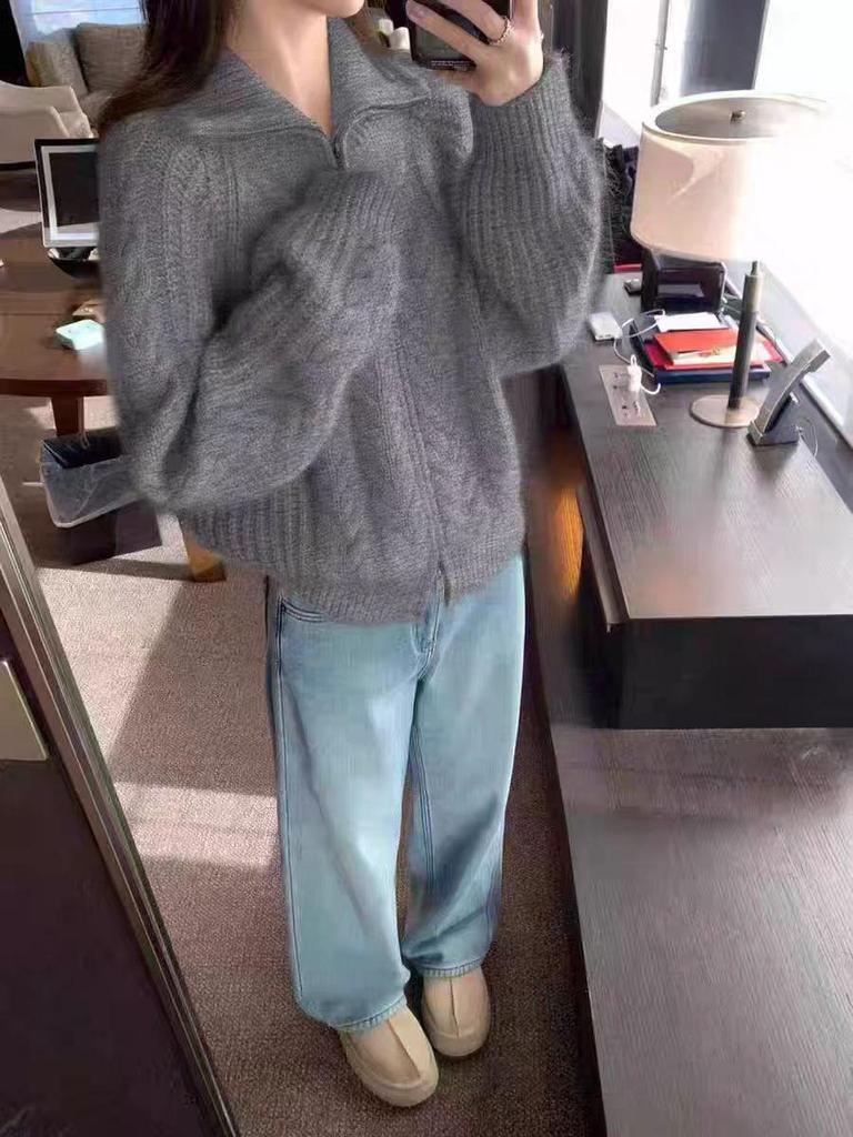 Red Retro Cable Knit Wool Cardigan for Women - High Neck Double Zipper Loose Sweater for Autumn and Winter