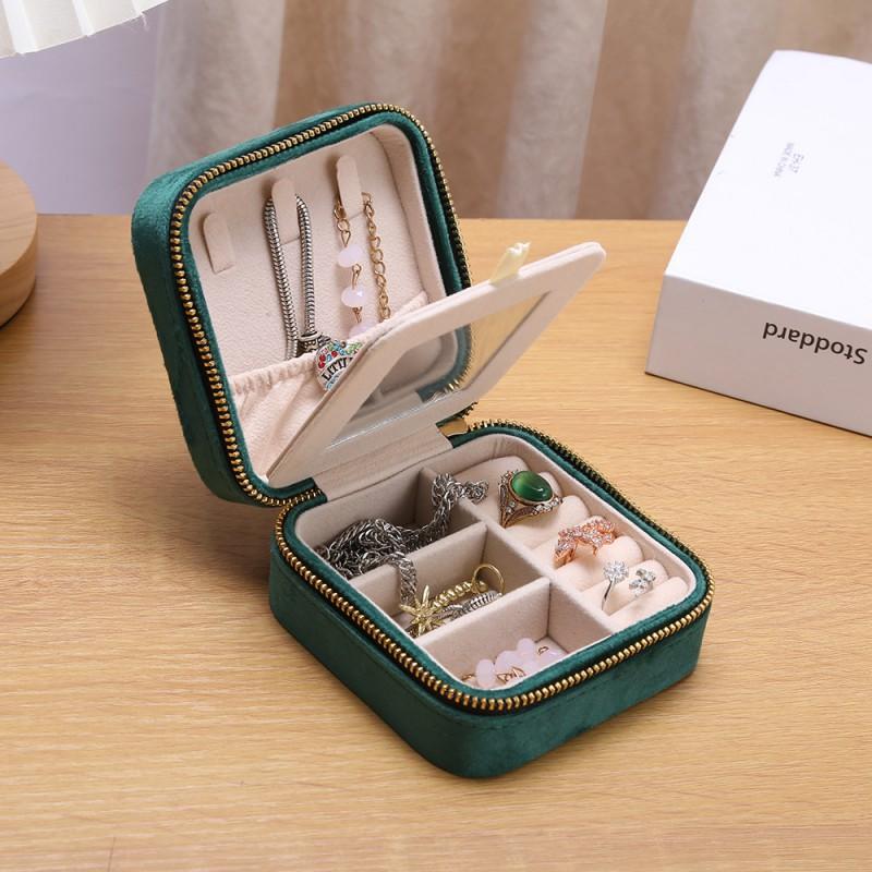 Portable Velvet Jewelry Box With Mirror Dual Layer Storage Travel Gift Womens Accessories Organizer