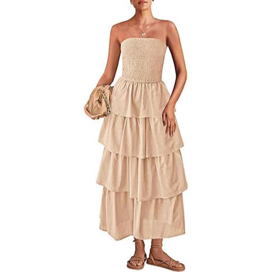 Женское платье без бретелек с открытыми плечами, без рукавов, без спинки, пляжное платье с многослойными оборками, разбросанным подолом, платье для отпуска, эластичное платье макси с облегающей грудью