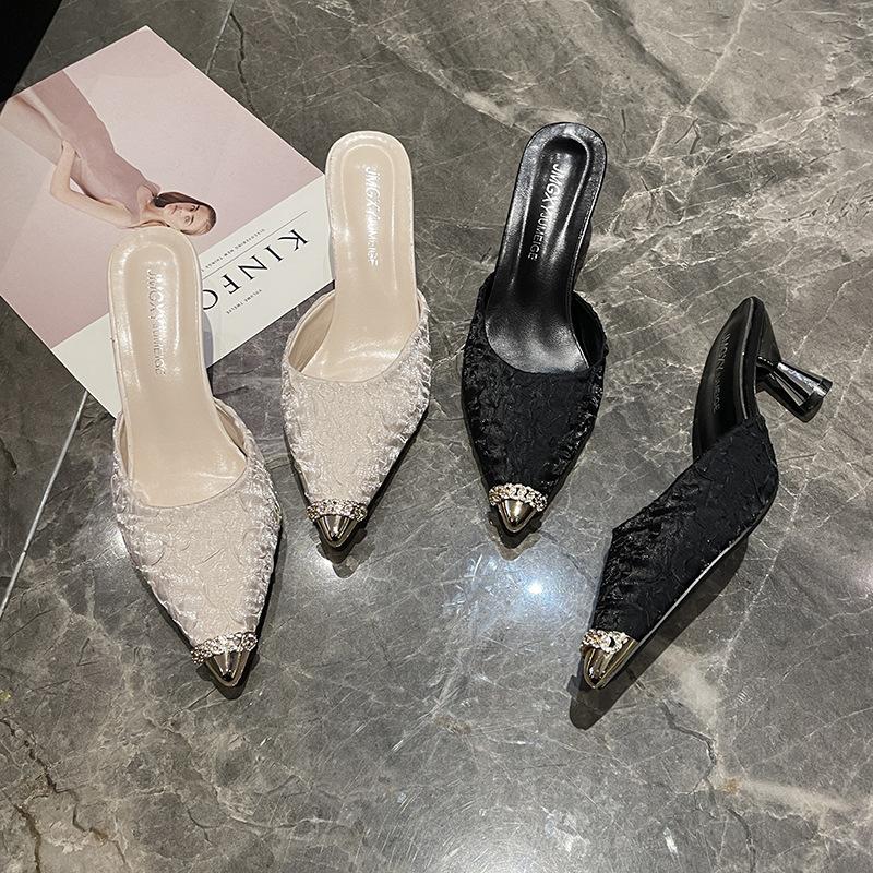 2024 весна новые тапочки-мешки 33 маленький размер остроносые туфли на шпильках высокие каблуки модные тапочки muller классные женские летние