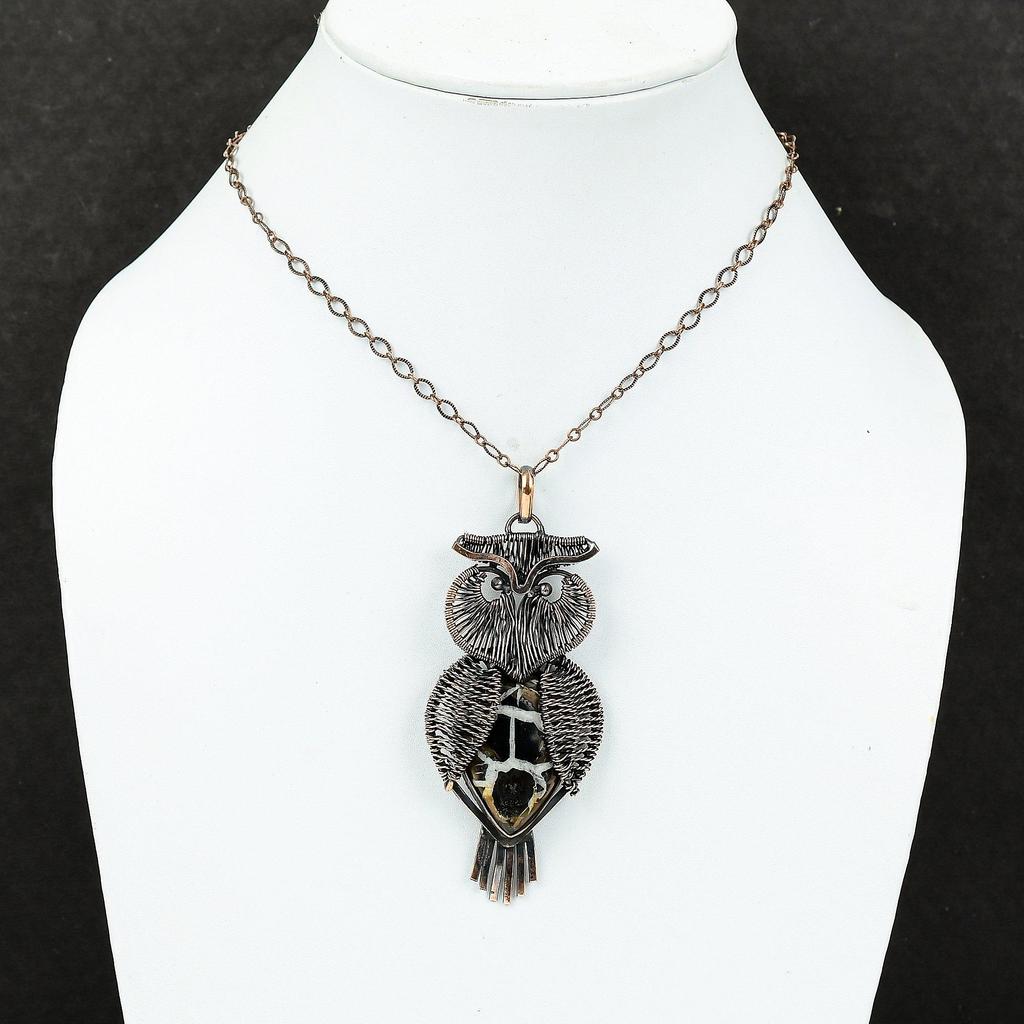 Подвеска из окаменелости в виде трещины в марокканской грязи, подвеска из медной проволоки, подвеска ручной работы из драгоценных камней, изумительное медное украшение, подвеска в виде совы, подарок на годовщину