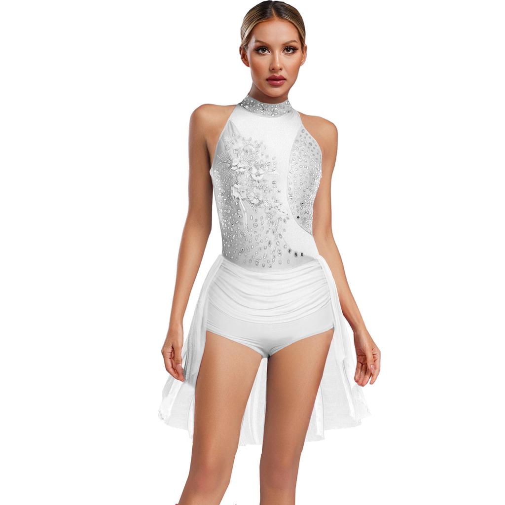 Womens Sparkly Latin Dance Wear Rhinestone Applique Sleeveless Back Hollow Skirted Leotard Gymnastics Bodysuit