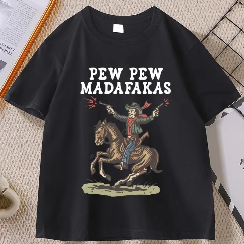 Retro Cowboy TShirt Pew Pew Madafakas Tshirt Funny Western Vintage Graphic Tee Cotton Short Sleeve Printed T Shirt Clothes