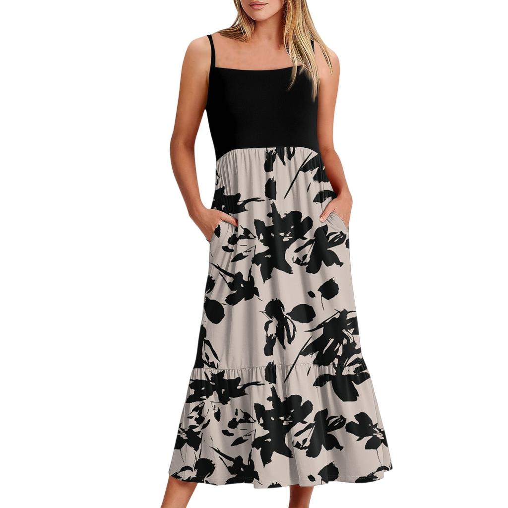 Women's Long Beach Casual Elegant Spaghetti Strap Maxi Dress Floral Low-key Flowing Bohemian Dress