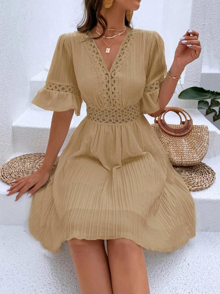 Fashion Women's Summer V Neck Casual Fashion Solid Color Pullover  Dress