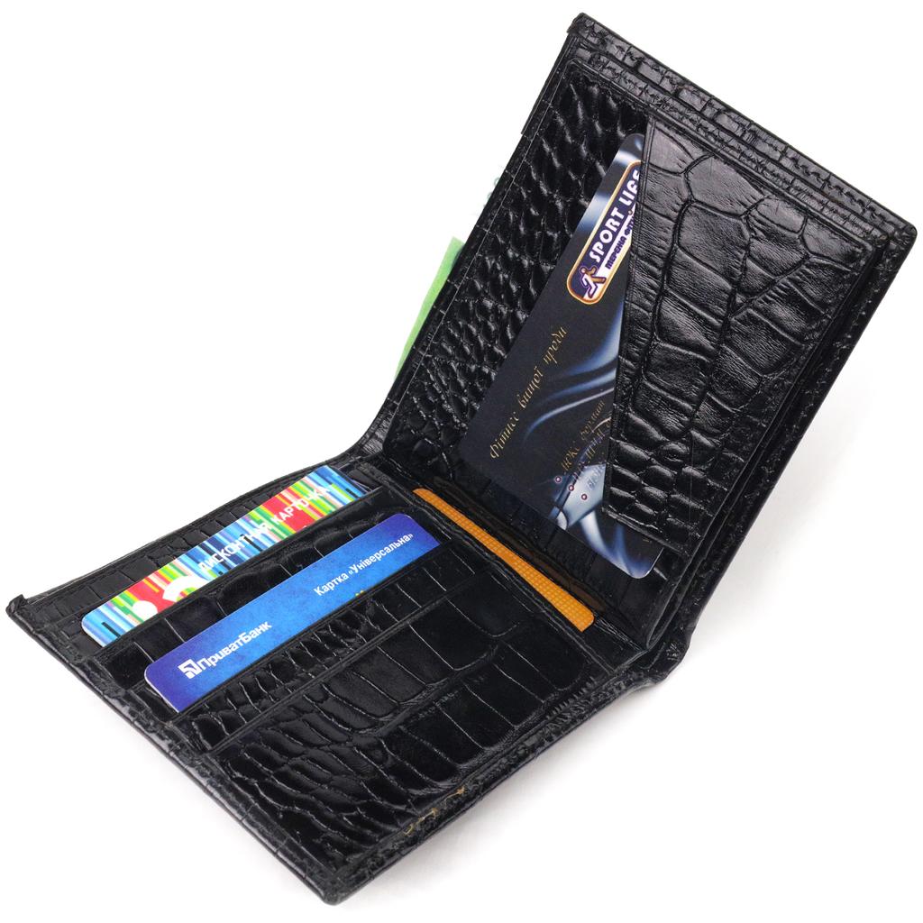 Оригинальный мужской кошелек в два сложения из натуральной фактурной кожи с тиснением под крокодила CANPELLINI Purse 21582 Черный