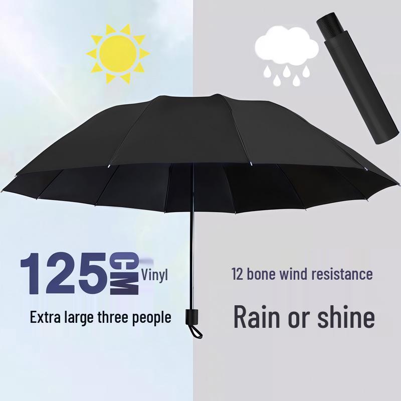 Twelve-Bone Oversized Women's Umbrella: Black UV Protection for Sun & Rain