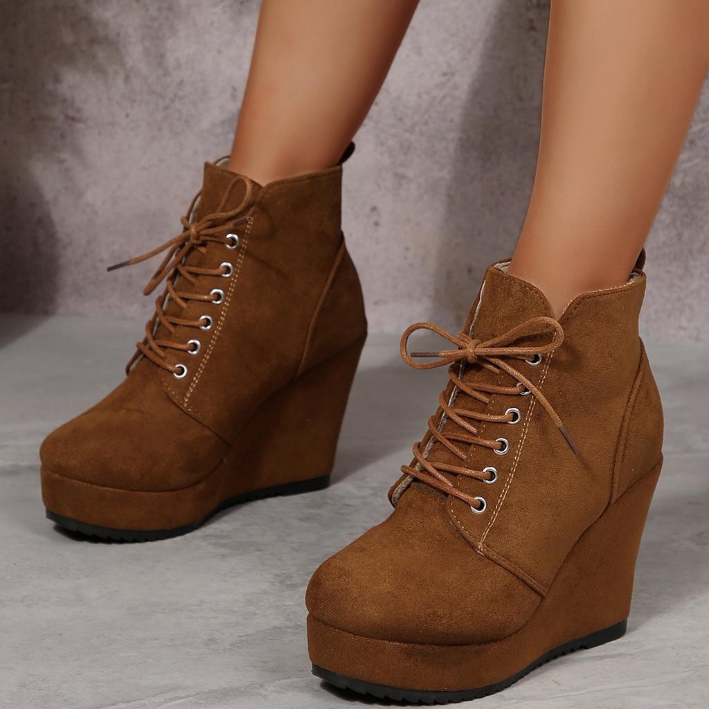 Wedges High Heels Ankle Boots for Women Retro Suede Lace Up Women's Autumn Shoes Casual Solid Platform Fashion Gladiator Botas