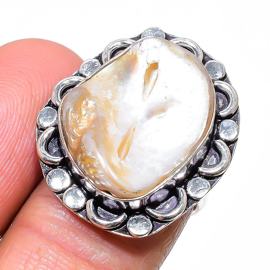 Натуральный жемчуг Бива драгоценный камень 925 стерлингового серебра ювелирное кольцо размер 6 v0O40