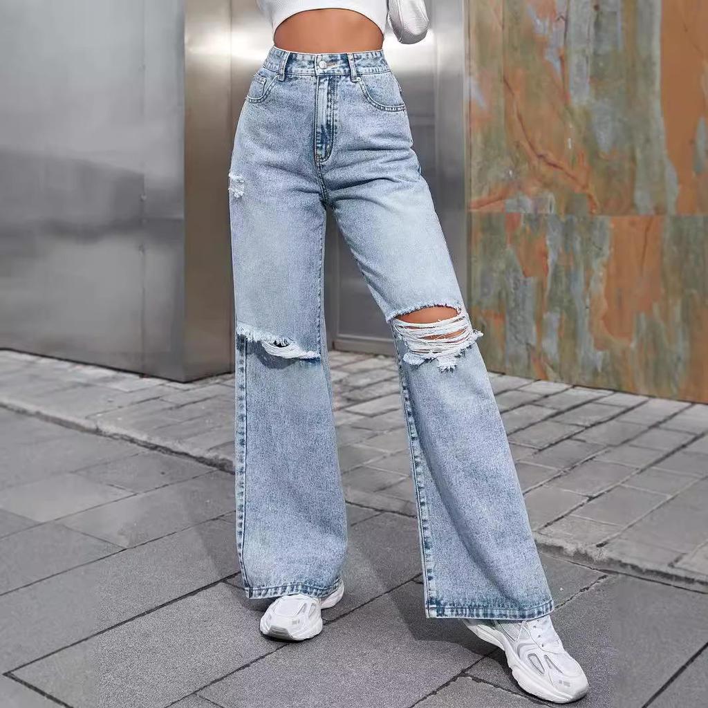 Women's INS Fashion Ripped High-Waisted Wide-Leg Jeans