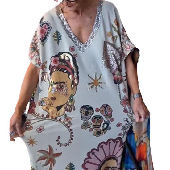 Summer Women Dress V Neck Short Sleeves Loose Retro Ethnic Printing Pullover Ankle Length Casual Daily Wear Maxi Dress