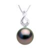 Pendentif - Pearls &amp; Colors - Perle de Culture de Tahiti 9-10 mm Ronde - Or Blanc 375/1000 - Qualité A+ - Diamants - Femme