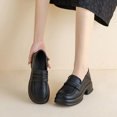Кожаные туфли женские, увеличивающие внутренний рост, маленькие мокасины, толстый каблук, толстая подошва, одинарные туфли с одной педалью, академический стиль, туфли с небольшим увеличением роста