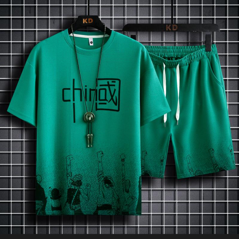 Летние мужские комплекты из двух предметов с аниме-принтом, футболка + шорты, костюмы с градиентом, льняная ткань, повседневный костюм, мужской спортивный костюм с короткими рукавами