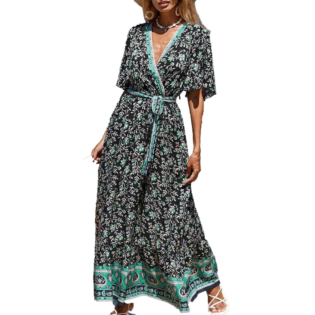 Женское платье в стиле бохо с V-образным вырезом и шнуровкой, с цветочным принтом, с короткими рукавами, длинное платье