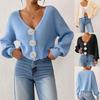 Women's Knitted Sweater Street Top Hand Hook Flower Decorative Button Cardigan Short Jacket V-neck Long Sleeve