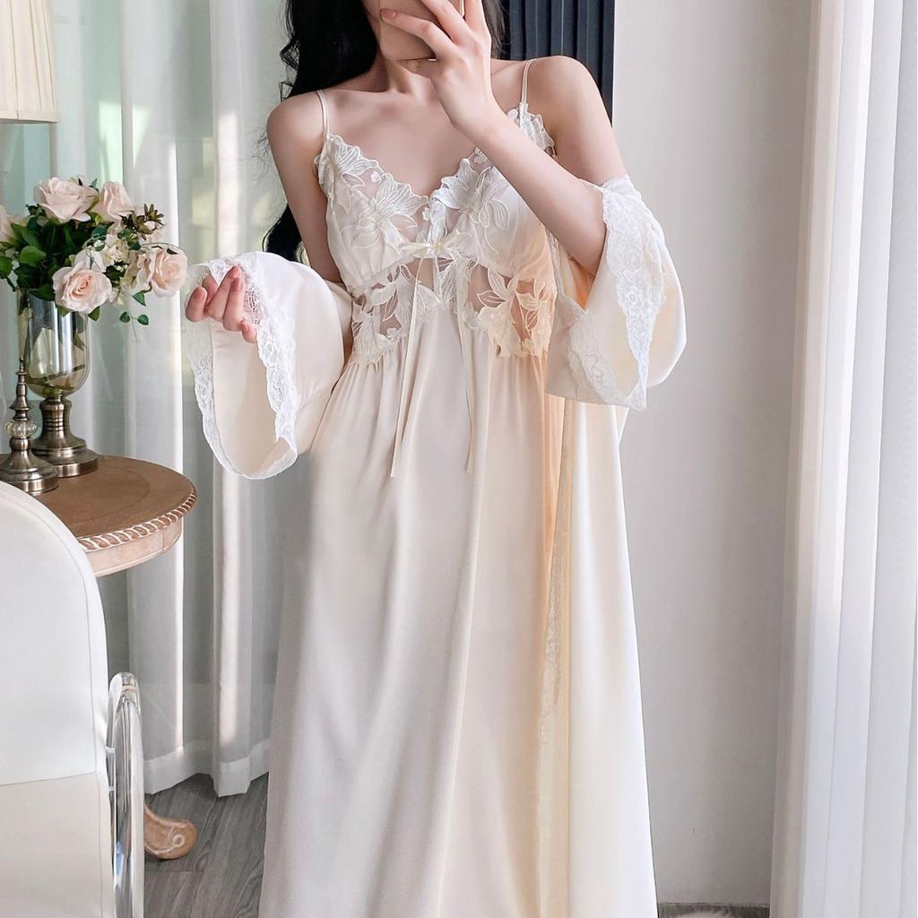 Ice silk pajamas women's spring and autumn long suspender pajamas, two summer pure desire sexy chest pad long skirts and robes