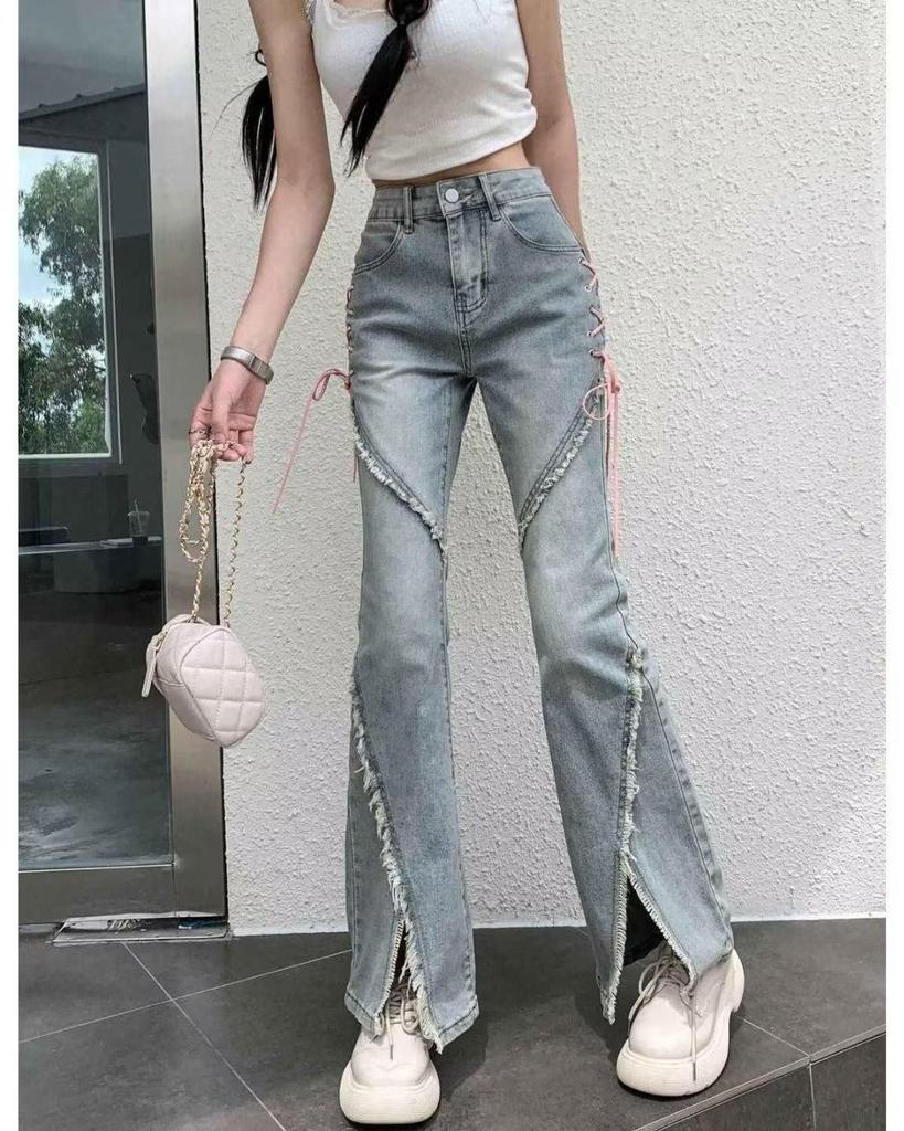 Women's 2024 Split Flare Jeans with Strap Design - American Style, Spring & Fall Casuals
