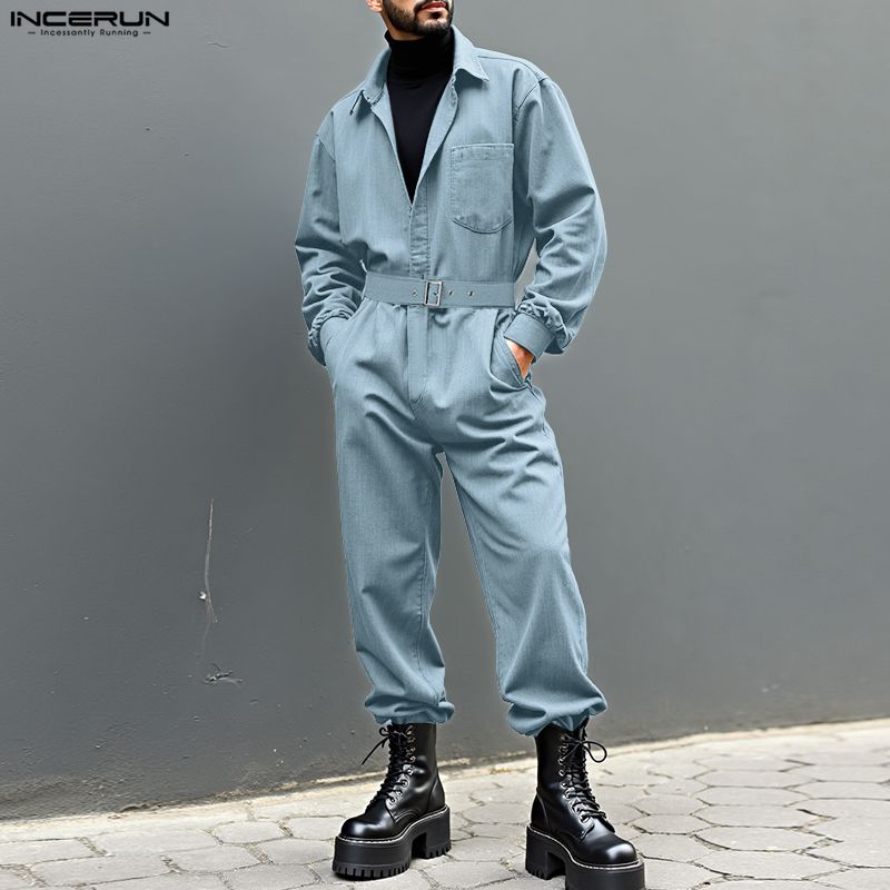 INCERUN Men Lapel Neck Long Sleeve Belt Solid Color Casual Buttons Long Jumpsuits Rompers