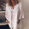 Women Half Sleeve Cotton Linen Hollow Out  Lace Patchwork T-Shirt Blouse Tops