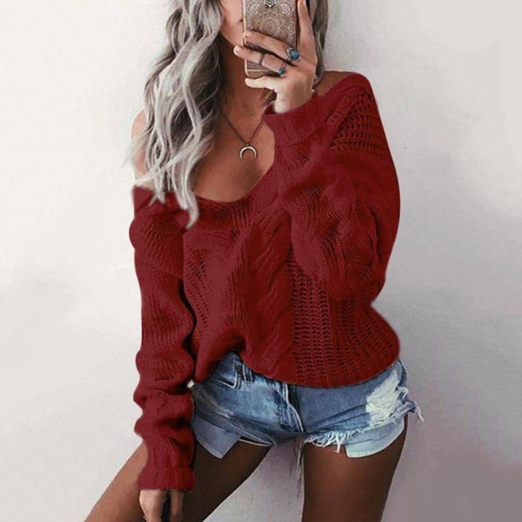 Womens Lady V-neck Sweater Casual Solid Loose Long Sleeve Tops Slim Fit Pullover