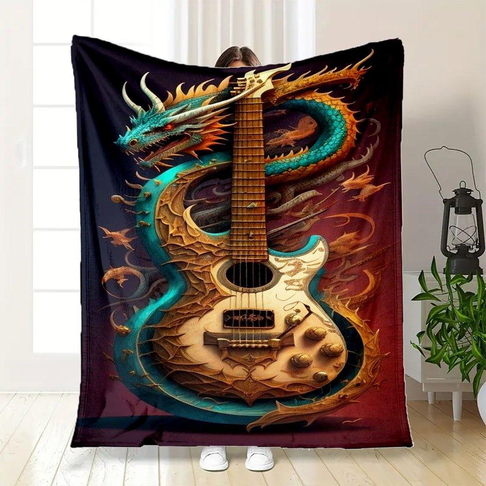 Dragon Guitar Art Print - Fantasy Music DecorBlanket Flannel Throw Blanket for Sofa, Bed, Travel, Camping, Office