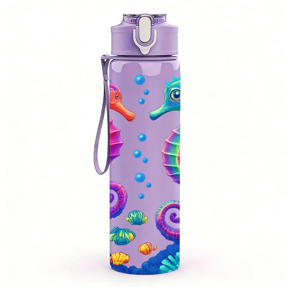 1PC Colorful Seahorse Ocean Pattern Print 750ml Color Plastic Sports Water Bottle Leakproof Flip Straw Lid Suitable for Sports Office Home Use