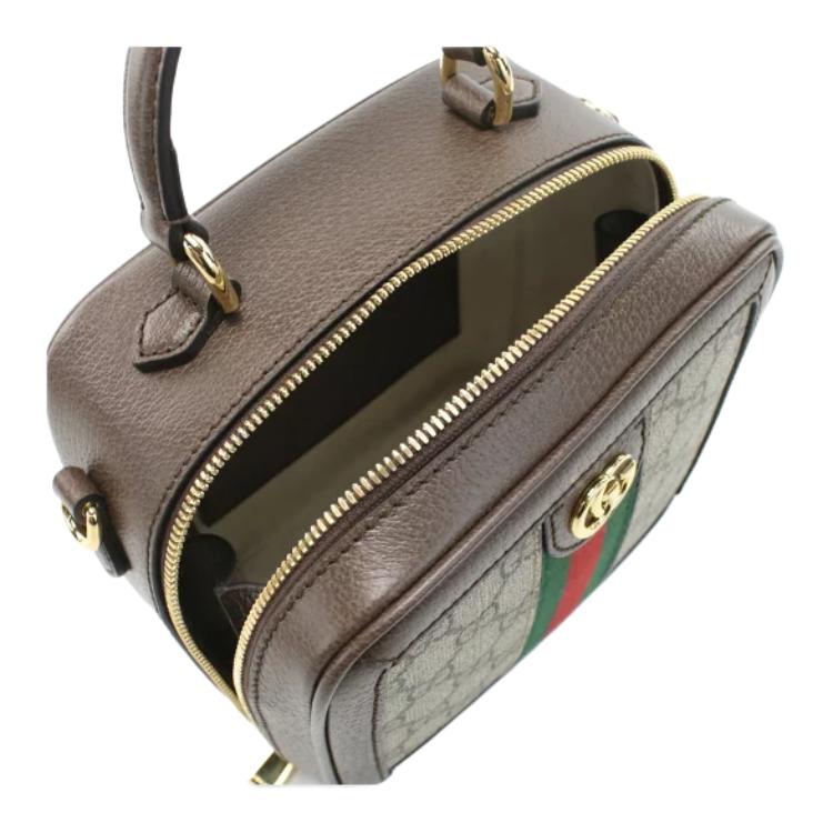 Gucci Ophidia GG Мини Сумка-косметичка с верхней ручкой Бежевый Канвас Коричневая Кожа Красная Зеленая Лента Золотая Фурнитура 772157-96IWG-8745