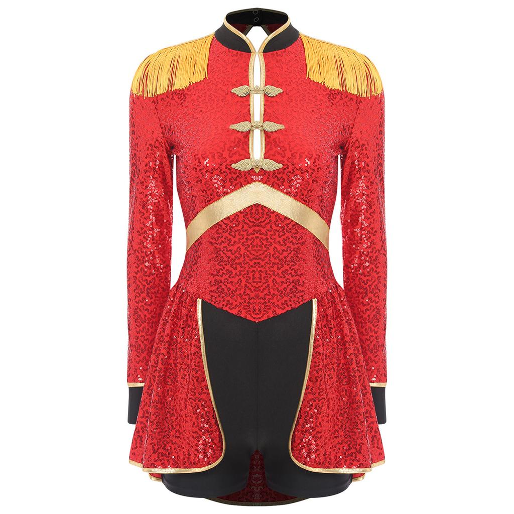 Women Circus Magician Cosplay Bodysuit Long Sleeve Sequins Fringe Epaulet Ringmaster Drummer Halloween Costume