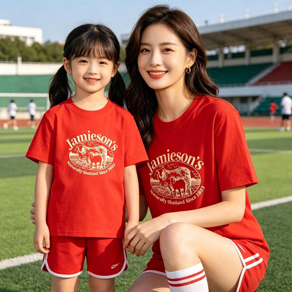 100% Cotton Lamb Print Mother-Daughter Matching Short Sleeve T-Shirt - Round Neck, Casual Top
