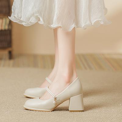 Туфли-чонсам Мэри Джейн, одинарные туфли для девочки, новинка 2025 года, фея, толстый каблук, высокие каблуки, мягкая кожа, вечерние, нежные, туфли для подружки невесты