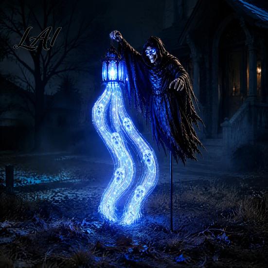 Spooky Yard Scene Accessories Halloween Soul Harvester Solar Garden Stake Light Animated Ghost Lantern with LED Skeleton Pathway Stakes Flowing Eyes,