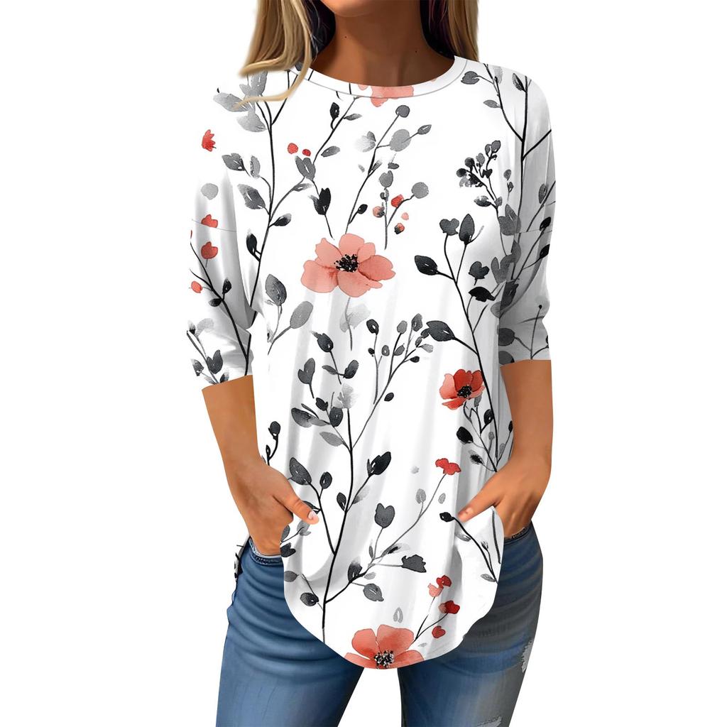 Рубашки с рукавом 3/4 для женщин, милые топы, футболки с рисунком, блузки, повседневные базовые топы больших размеров, пуловеры