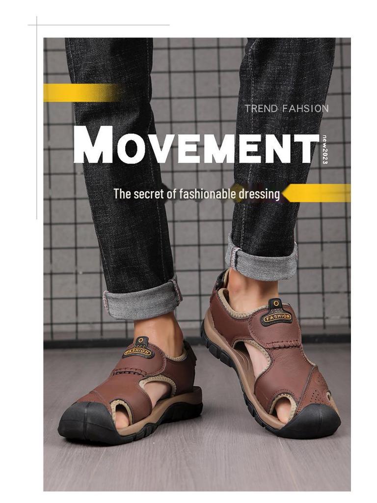 2023 New Style Men's Genuine Leather Closed Toe Sandals for Casual Beach Wear