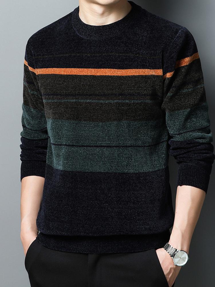 Мужской зимний теплый свитер на флисовой подкладке - пуловер с круглым вырезом и геометрическим узором, повседневный трикотажный топ с длинными рукавами, стандартный крой для выходов и выходов