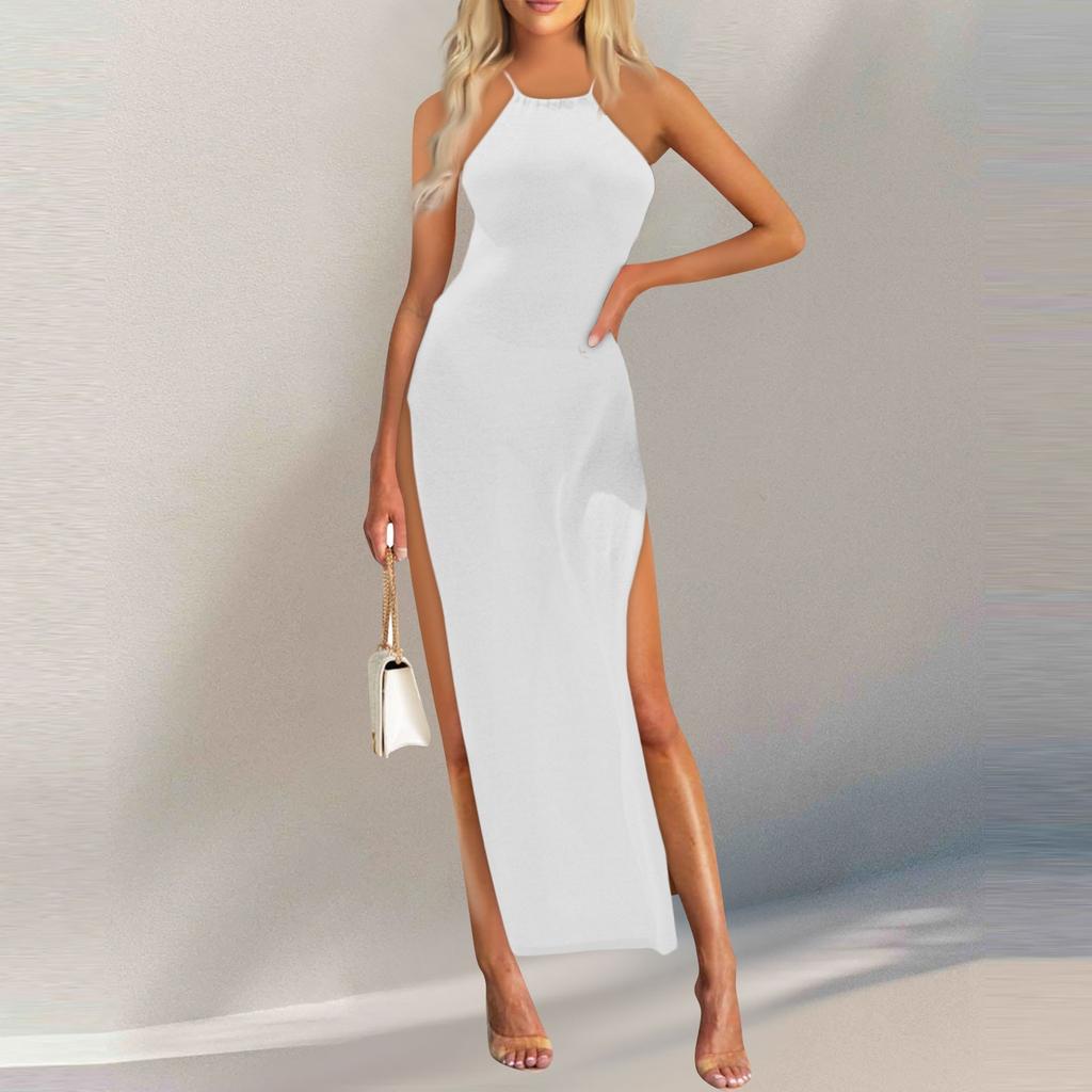 Женское платье с высоким разрезом и подтяжками, вязаное платье с воротником, летнее платье, сарафан без рукавов, платья-майки, пляжное платье