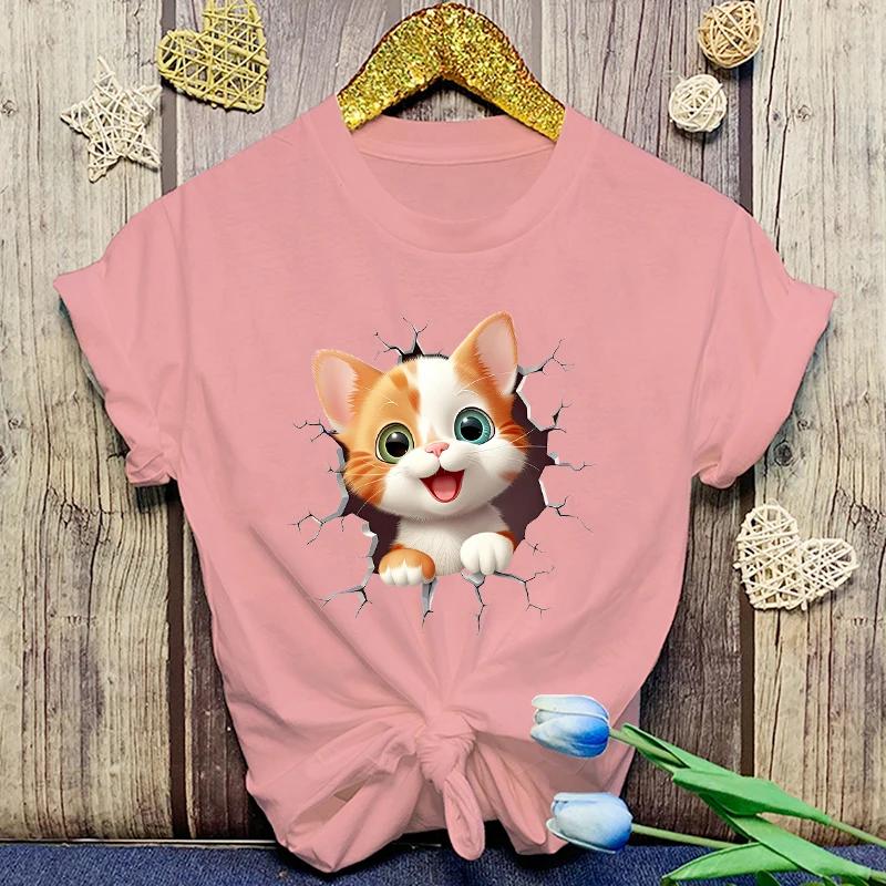 Горячие милые футболки с коротким рукавом и принтом кошек, женские повседневные футболки, летние женские футболки с круглым вырезом