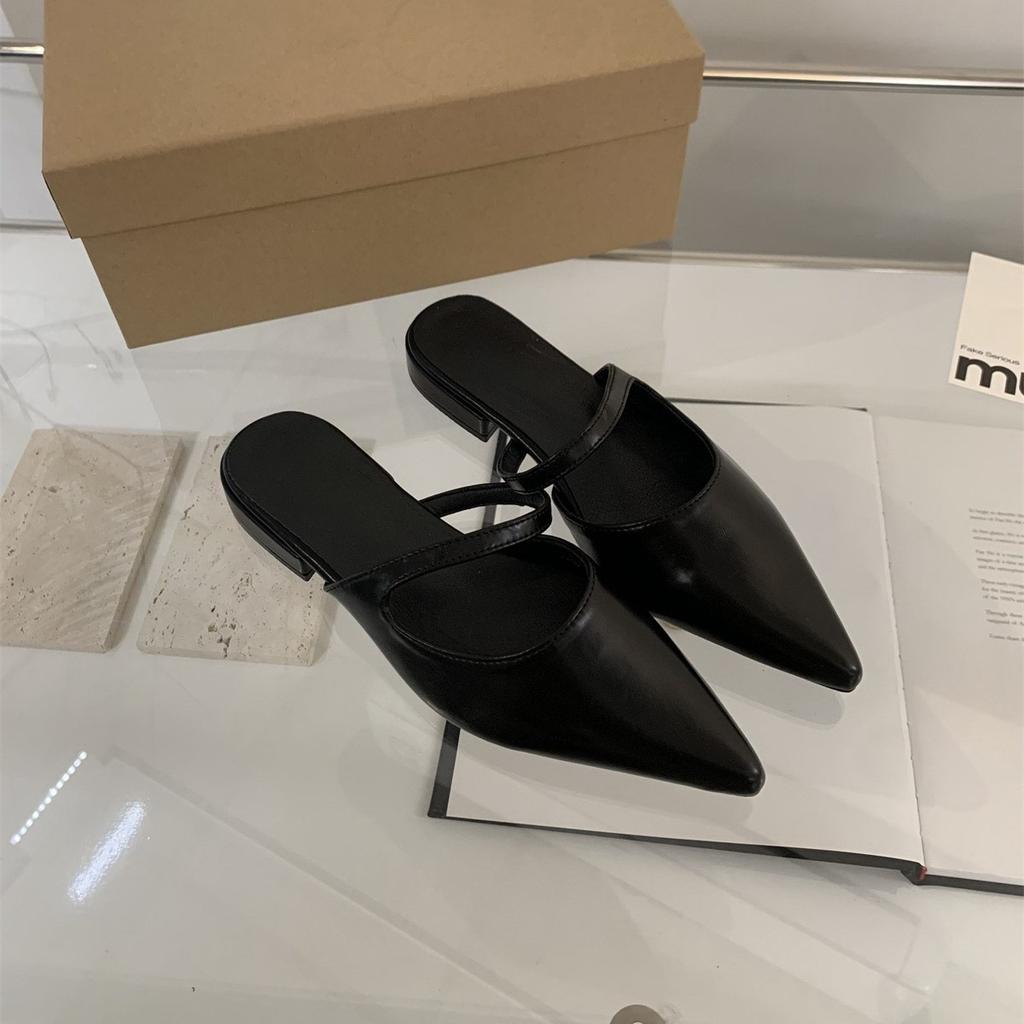 Women's Bag Head and Half Slippers, Women's Wear Pointed Soft Leather Shoes, Gentle Flat Sandals