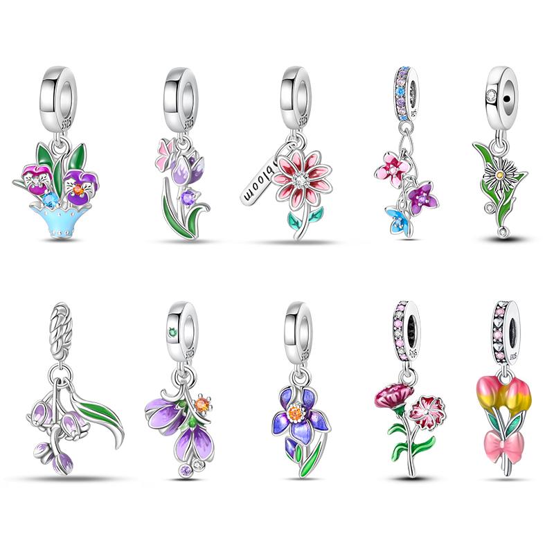 New 925 Sterling Silver Spring Tulip Pansy Flower Charms Bead Fit 925 Original Bracelets Fine DIY Jewelry Birthday Gift