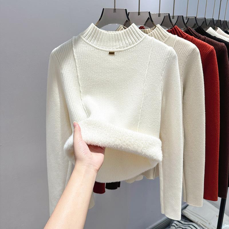 Integrated Fleece Fabric, Fleece Thickened Sweater Women's Semi-turtleneck Bottoming Shirt with New Autumn and Winter Knitted Sweater Inside