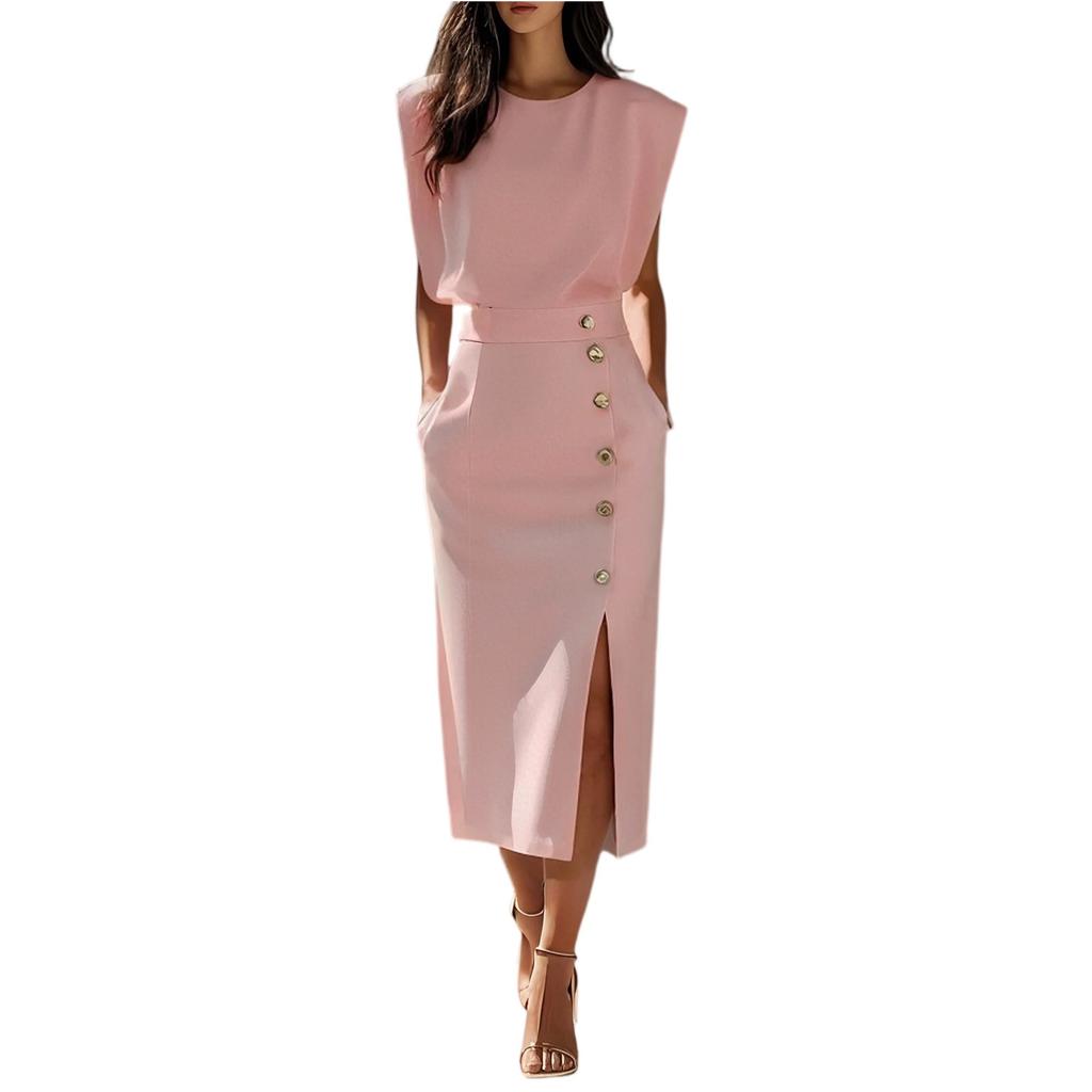 Women's Fashion Fashion Style Solid Color Round Neck Waist Split Metal Buttons Dresses