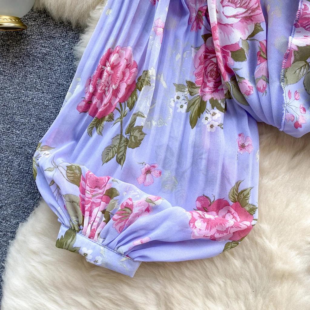 2024 ранняя весна, новый топ, женские милые оборки с v-образным вырезом, плиссированные шифоновые рубашки с рукавами-фонариками и принтом