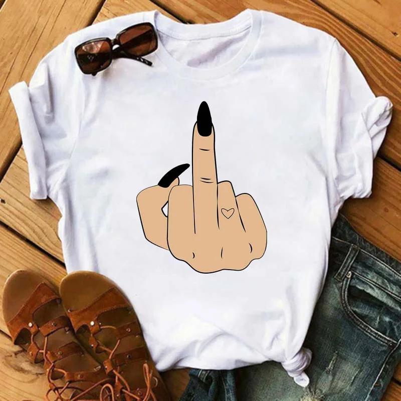 Middle Finger Print T Shirt Women Short Sleeve O Neck Loose Tshirt Summer Women Causal Tee Shirt Tops Camisetas Mujer