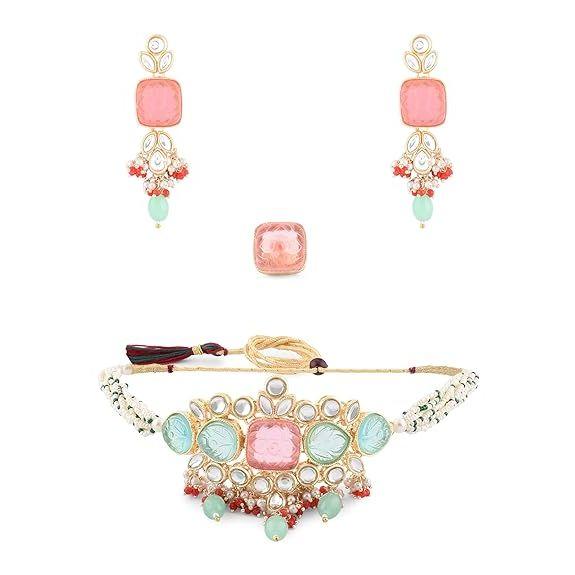 Многоцветные камни и бусины, многорядное колье-колье Kundan из бисера, ожерелье, серьги и кольца, комплект для женщин